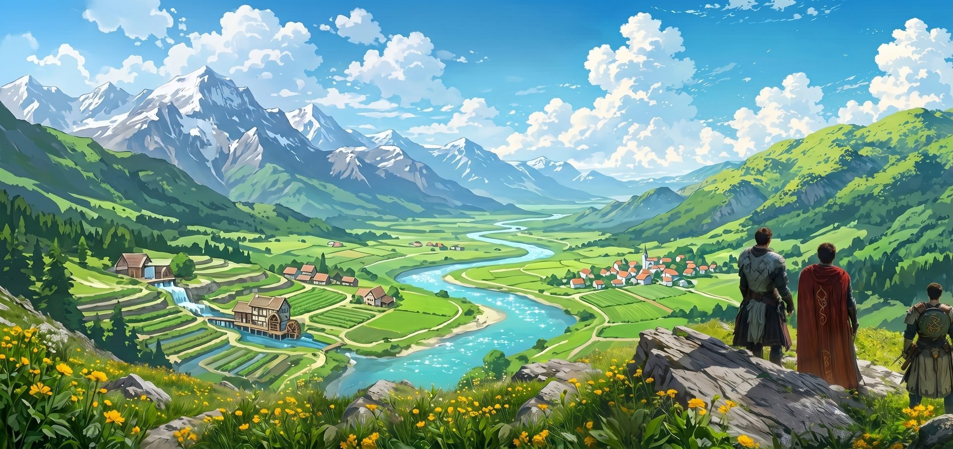 Travellers looking out over a wide valley and mountains — the path ahead